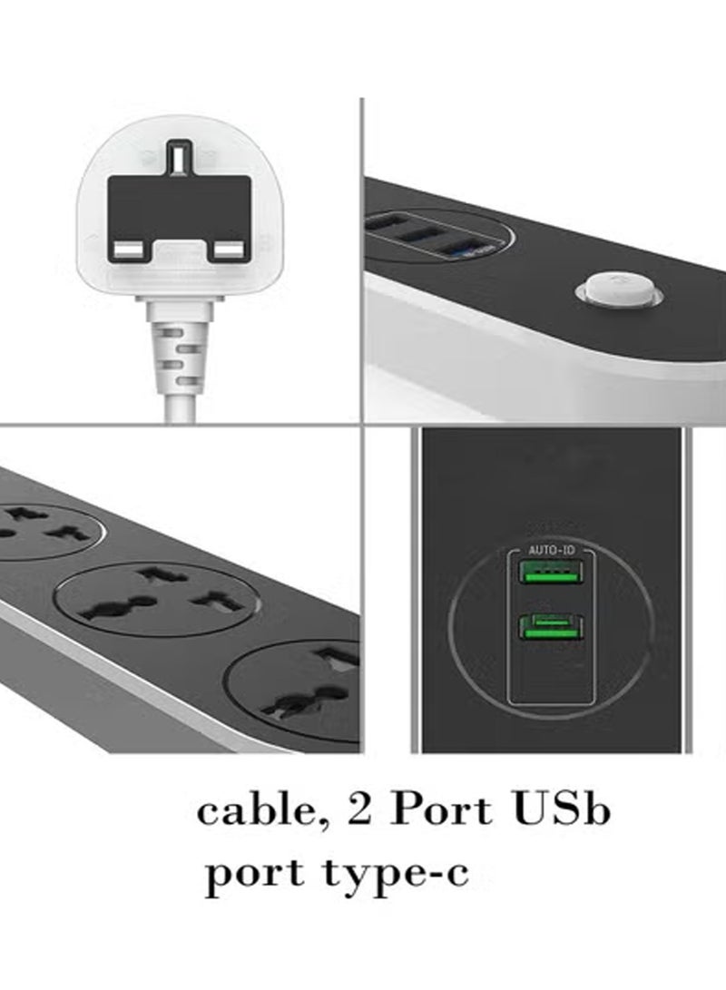 3 Meter Electric Power strip - 2500 w 13 A / 220-240V, with 3 Outlet, 3M cable, 2 Port USB and 1 port type-c for Laptop, PC, MacBook, Home and Office Electrical... - Image 2