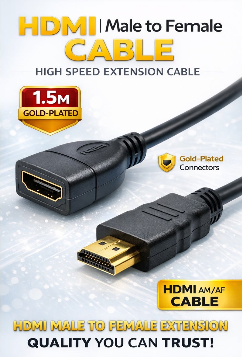 FUJISHKA HDMI Male to Female CABLE 1.5M Gold-Plated  Extension HDMI AM/AF CABLE  , Suitable for Computers, TV, And Projectors Black/Gold Cable 1.5meter - Image 1