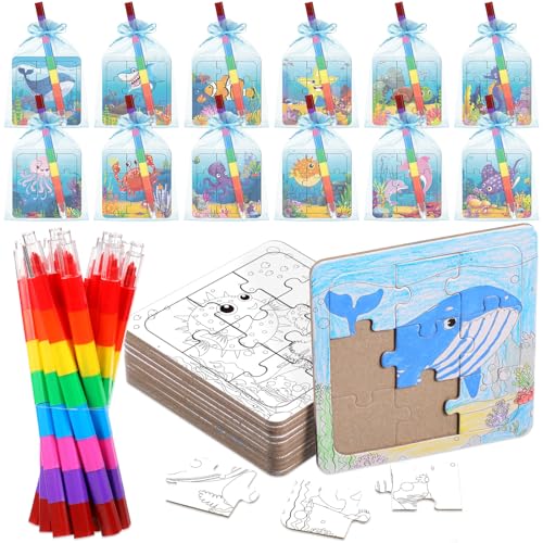 Fullhawl 12 Sets Sea Animal Puzzles Summer Color Your Own Puzzles DIY Ocean Jigsaw Crafts with 12 Stackable Crayons and 12 Bags for Ocean Theme Gifts Birthday Party Supplies12 Sea - Image 1