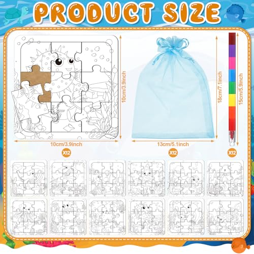 Fullhawl 12 Sets Sea Animal Puzzles Summer Color Your Own Puzzles DIY Ocean Jigsaw Crafts with 12 Stackable Crayons and 12 Bags for Ocean Theme Gifts Birthday Party Supplies12 Sea - Image 5