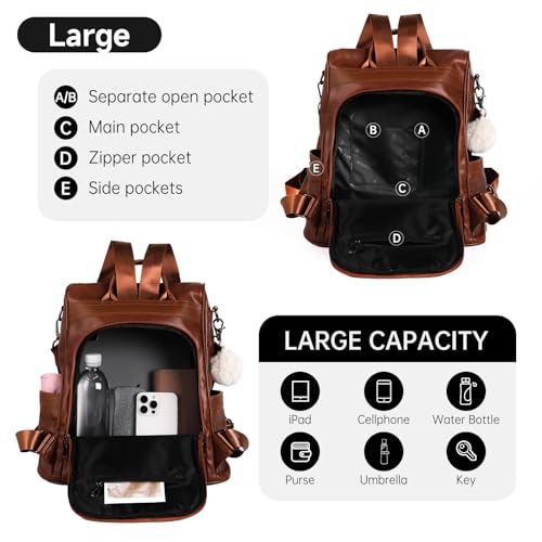CHERUTY Women Backpack Purse PU Leather Anti-theft Casual Shoulder Bag Fashion Ladies Satchel Bags(Tan-Large) - Image 3