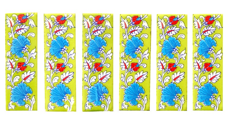 Shiv Kripa Blue Pottery Home Decor Wall Mural Mosaic Tiles Ceramic Handmade Wall Decorative Tiles 2 x 6 Inch Set of 6 Tiles (Multi Color) - Image 1