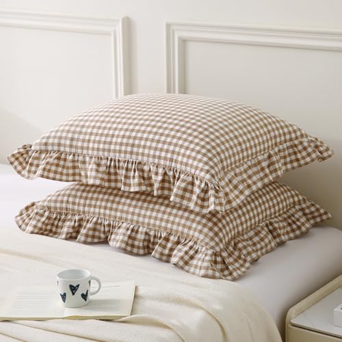 Aryeleay 2 Pack Taupe White Plaid Gingham Ruffle Pillow Shams Standard Size 100 Washed Cotton Checkered Farmhouse Pillow Covers for BedSofa20 x26 - Image 3