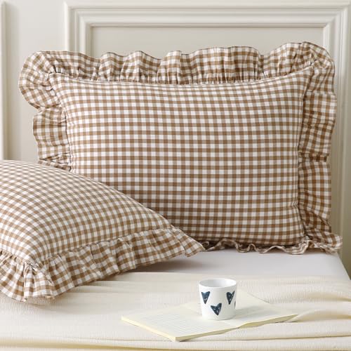 Aryeleay 2 Pack Taupe White Plaid Gingham Ruffle Pillow Shams Standard Size 100 Washed Cotton Checkered Farmhouse Pillow Covers for BedSofa20 x26 - Image 1
