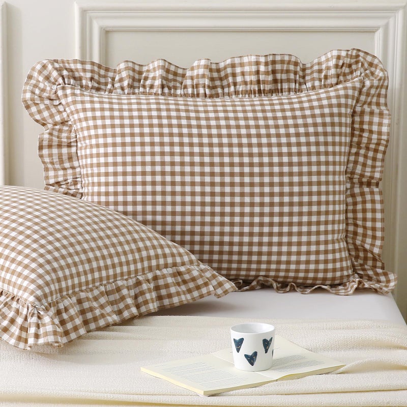 Aryeleay 2 Pack Taupe White Plaid Gingham Ruffle Pillow Shams Standard Size 100 Washed Cotton Checkered Farmhouse Pillow Covers for BedSofa20 x26 - Image 2