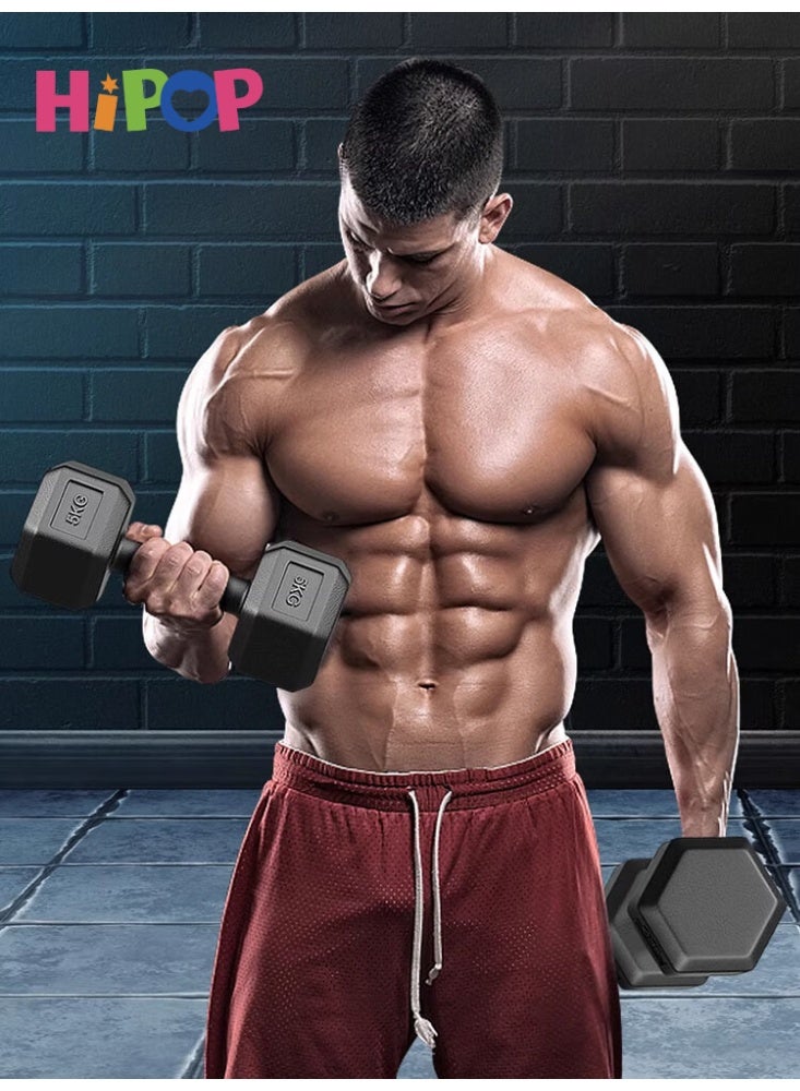 HIPOP 2 Pcs Hexagonal Dumbbells Set For Fitness & Strength Training, Anti Slip Anti Roll Neoprene Dumbbell Hand Weights Set for Men and Women Arms Bicep Curl Push Ups Bodybuilding Whole Body Workout Strength Training (Black/5kg*2) - Image 4