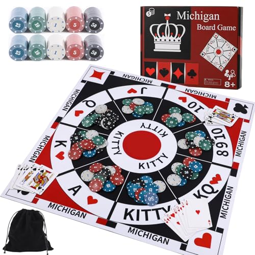 Medikaison Michigan Rummy Board Game Set Tripoley Game Felt Mat Foldable Family Original Combination of Joker RummyHearts and Poker Includes 2 Decks of Cards and 200 Numbered Poker Chips - Image 1