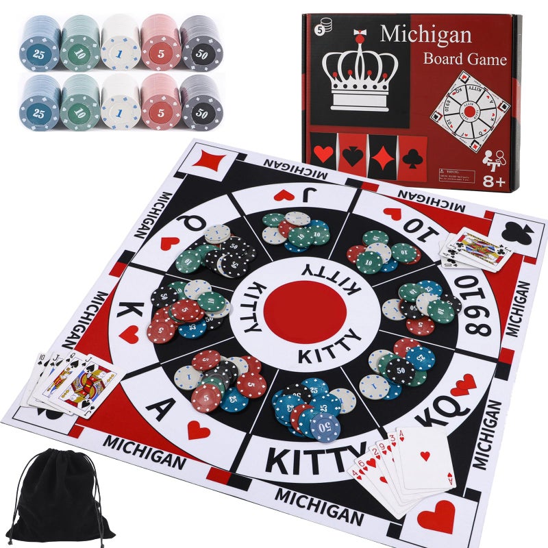 Medikaison Michigan Rummy Board Game Set Tripoley Game Felt Mat Foldable Family Original Combination of Joker RummyHearts and Poker Includes 2 Decks of Cards and 200 Numbered Poker Chips - Image 3