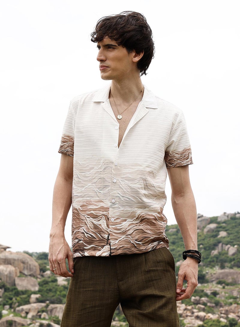 Campus Sutra Campus Sutra Men's Ivory White & Tan Brown Desert Ombre Shirt For Casual Wear | Cuban Collar | Short Sleeve | Button Closure | Shirt Crafted With Comfort Fit For Everyday Wear  - Image 2