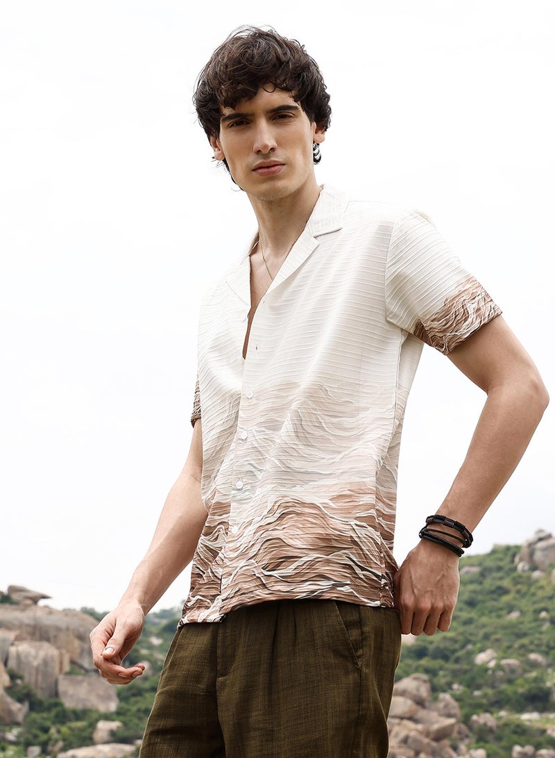 Campus Sutra Campus Sutra Men's Ivory White & Tan Brown Desert Ombre Shirt For Casual Wear | Cuban Collar | Short Sleeve | Button Closure | Shirt Crafted With Comfort Fit For Everyday Wear  - Image 3