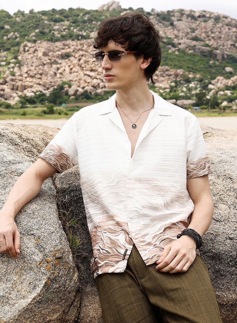 Campus Sutra Campus Sutra Men's Ivory White & Tan Brown Desert Ombre Shirt For Casual Wear | Cuban Collar | Short Sleeve | Button Closure | Shirt Crafted With Comfort Fit For Everyday Wear  - Image 1