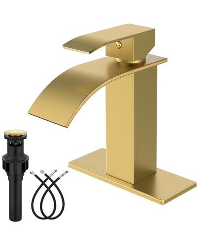 Midanya Single Hole Bathroom Faucet 1 Hole Waterfall Spout,304 Stainless Steel Bathroom Sink Faucet with Deck Plate and Pop-Up Drain,Suitable for RV Vanity,Brushed Gold - Image 1