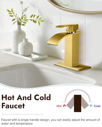 Midanya Single Hole Bathroom Faucet 1 Hole Waterfall Spout,304 Stainless Steel Bathroom Sink Faucet with Deck Plate and Pop-Up Drain,Suitable for RV Vanity,Brushed Gold - Image 3