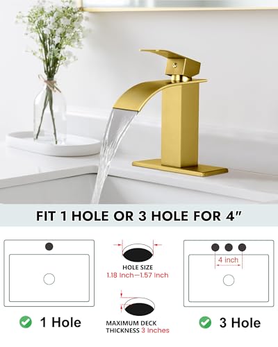 Midanya Single Hole Bathroom Faucet 1 Hole Waterfall Spout,304 Stainless Steel Bathroom Sink Faucet with Deck Plate and Pop-Up Drain,Suitable for RV Vanity,Brushed Gold - Image 4