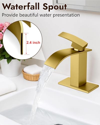 Midanya Single Hole Bathroom Faucet 1 Hole Waterfall Spout,304 Stainless Steel Bathroom Sink Faucet with Deck Plate and Pop-Up Drain,Suitable for RV Vanity,Brushed Gold - Image 2