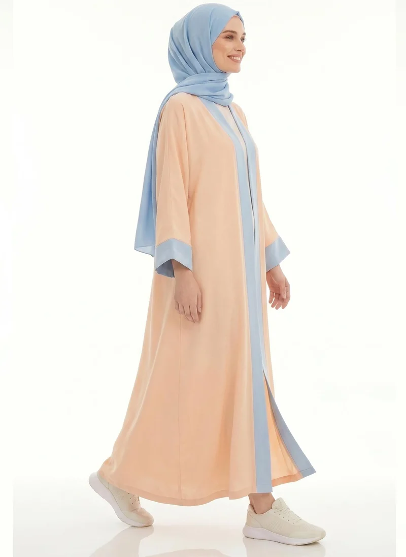 أم سكوير فاشن Open Abaya 3 piece Set I Powder Blue Contrast Trim I Flowy Everyday Style