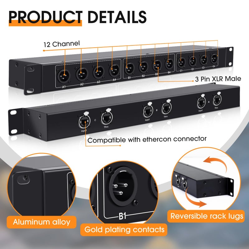 Saysurey XLR Balanced Patchbay XLR Stage Box 12 Channel 3 Pin Multi Network Cable Extender for Stage Lighting and Home Recording Studio Compatible (Male) - Image 5
