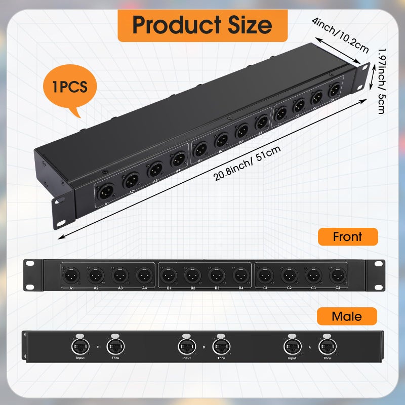 Saysurey XLR Balanced Patchbay XLR Stage Box 12 Channel 3 Pin Multi Network Cable Extender for Stage Lighting and Home Recording Studio Compatible (Male) - Image 3