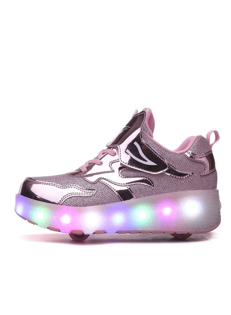 Loquat Rage Shoes For Boys And Girls Single And Double Wheel LED Flashing Lights Automatic Invisible Roller Skates Pink  - Image 1