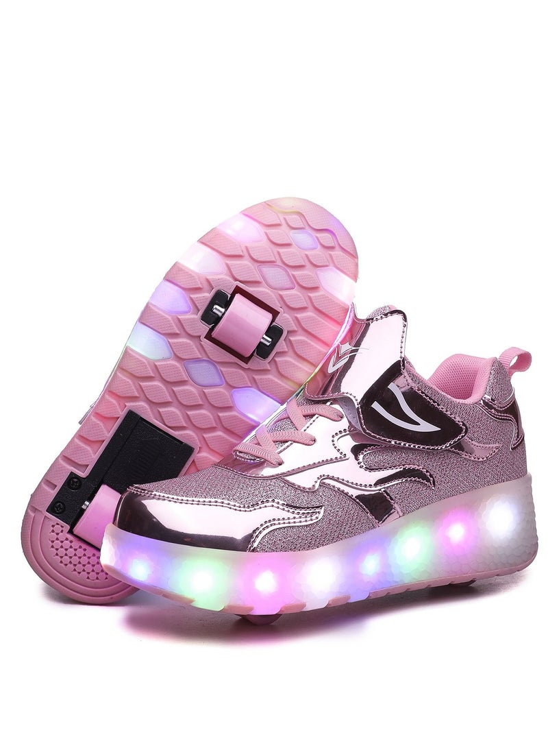Loquat Rage Shoes For Boys And Girls Single And Double Wheel LED Flashing Lights Automatic Invisible Roller Skates Pink  - Image 2