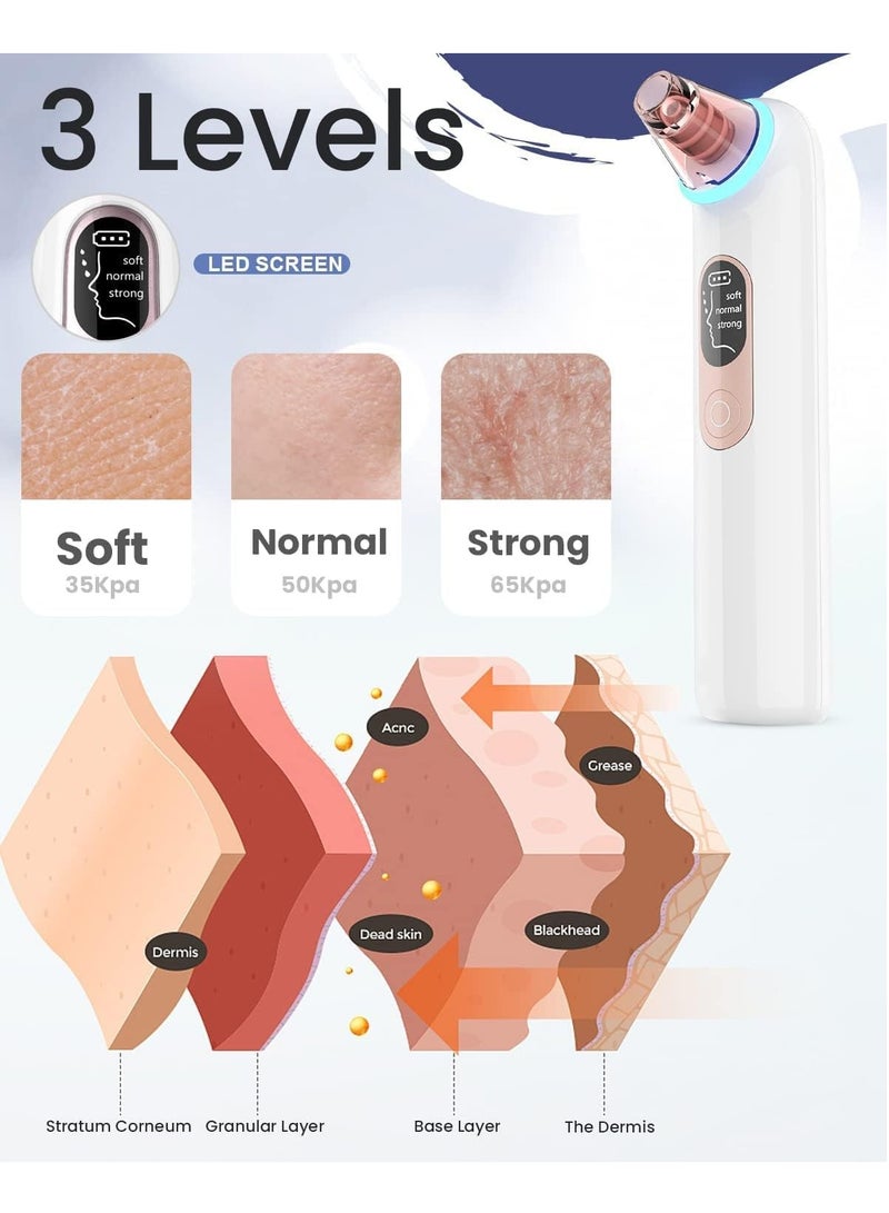أدوات إزالة الرؤوس السوداء، مكنسة مسام الرؤوس السوداء: منظف مسام الوجه الكهربائي 3 مستويات شفط، مستخرج حب الشباب والبثور القابلة لإعادة الشحن للعناية بالبشرة للأنف والوجه (أبيض) - Image 4