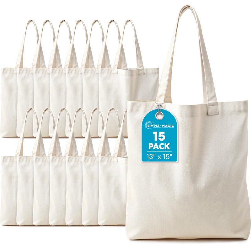 Simpli-Magic حقيبة قماشية بسيطة-ماجيك 13"x15" (15 حزمة) - حقائب تسوق قماشية سميكة بالجملة - حقائب بقالة قابلة لإعادة الاستخدام فارغة لفن الحرف اليدوية، الطباعة الحرارية (بيج) - Image 1