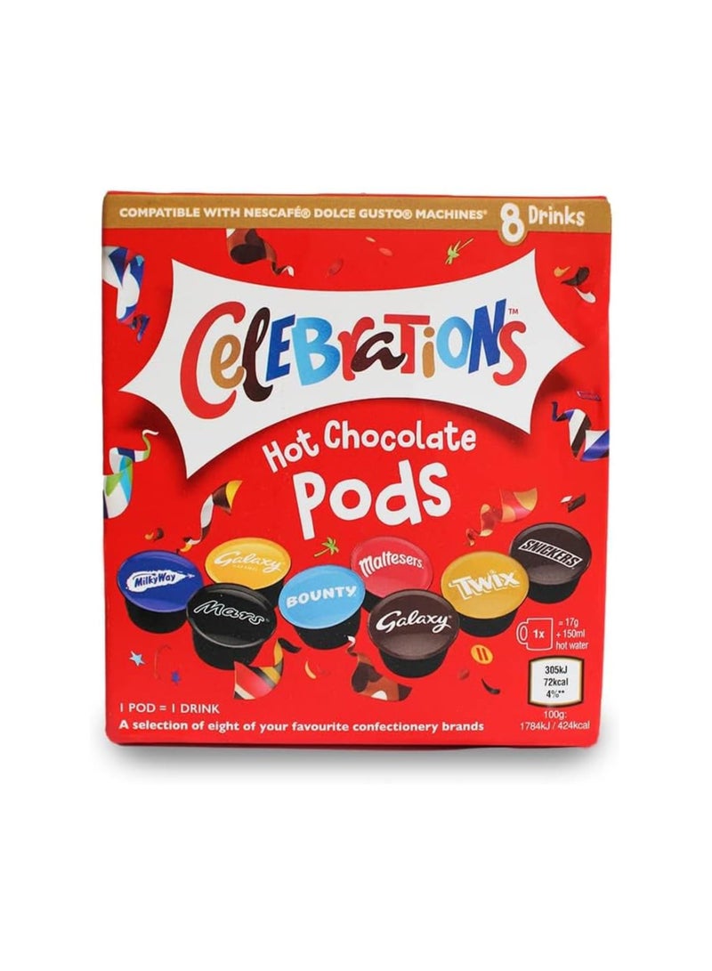 Celebrations Dolce Gusto Compatible Hot Chocolate Pods - Twix, Mars, Bounty, Snickers, Galaxy, Malteser, Milky Way & Galaxy Caramel (8)