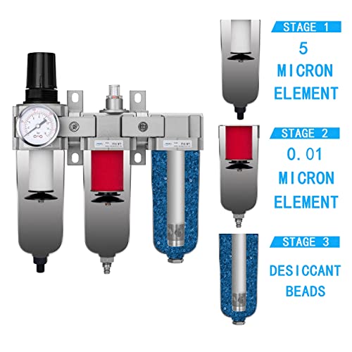 NANPU 1/2" NPT Industrial Grade 3 Stage Air Drying System - Particulate Filter, Coalescing Filter, Desiccant Dryer & Air Regulator, Metal Bowl, Auto Drain, Suitable for Paint Spray＆ Plasma Cutter - Image 5
