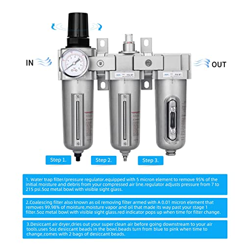 NANPU 1/2" NPT Industrial Grade 3 Stage Air Drying System - Particulate Filter, Coalescing Filter, Desiccant Dryer & Air Regulator, Metal Bowl, Auto Drain, Suitable for Paint Spray＆ Plasma Cutter - Image 4