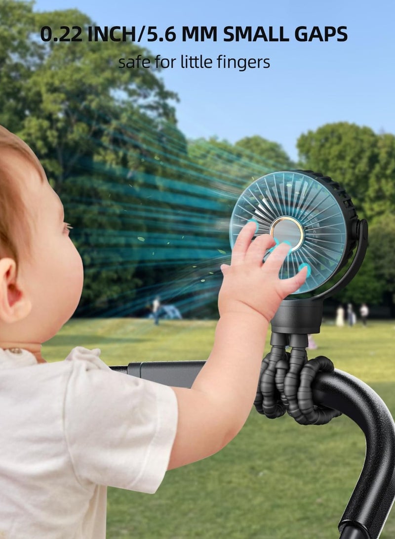 general Stroller Fan, LED Light Portable Fan, 2000mAh Battery Operated Small Clip on Fan, 4 Speed Rechargeable Mini Personal Fan Cooling Travel Fan For Car Seat Crib Treadmill (Black) - Image 5