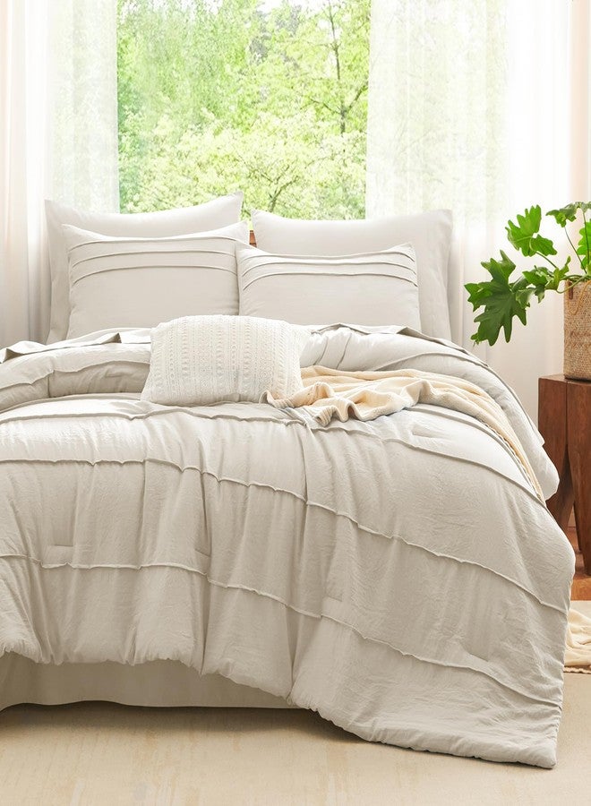 CozyLux طقم لحاف كامل الحجم من كوزي لوكس، بيج، 7 قطع، ناعم، مغسول مسبقًا، بتصميم ثنيات أنيقة، يأتي في حقيبة واحدة. طقم لحاف كامل مع ملاءات، طقم سرير بوهيمي مع لحاف بديل للريش، ملاءات، أغطية وسائد وأغطية أغطية وسائد مزخرفة. - Image 1