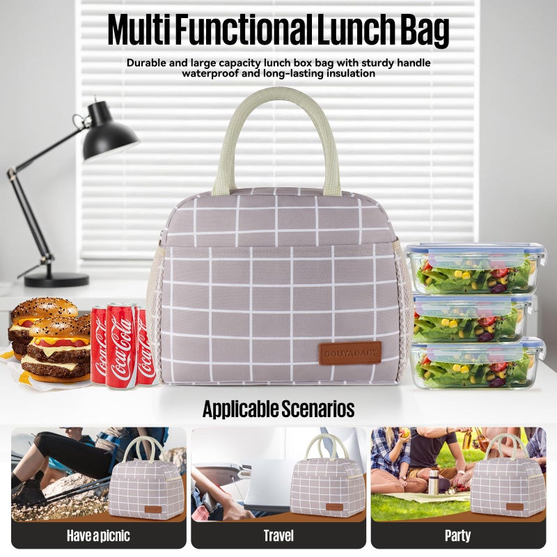 douyadady Lunch Bag Women/Men Lunch Box Women/Men (Grey+White Blocks) - Image 3