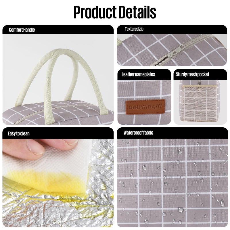 douyadady Lunch Bag Women/Men Lunch Box Women/Men (Grey+White Blocks) - Image 4