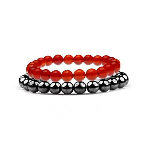 GEMSMANTRA Natural Carnelian & Hematite Stretchable Combo Crystal Bracelet | Lab Certified 8mm Round Cut Beads | Unisex Healing Bracelet for Men & Women | Boosts Energy, Confidence & Grounding - Image 2