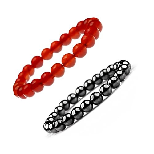 GEMSMANTRA Natural Carnelian & Hematite Stretchable Combo Crystal Bracelet | Lab Certified 8mm Round Cut Beads | Unisex Healing Bracelet for Men & Women | Boosts Energy, Confidence & Grounding - Image 1
