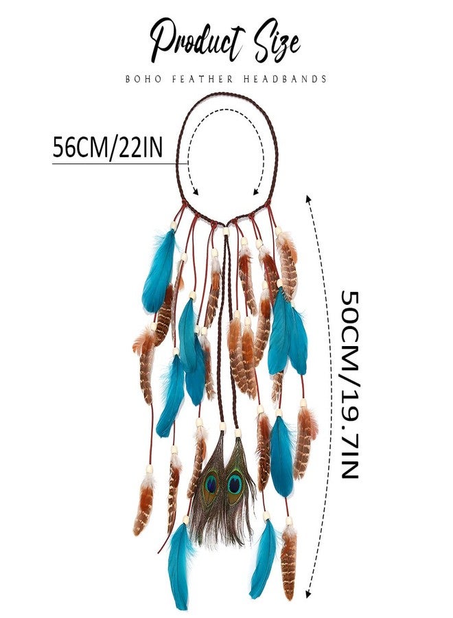 GORTIN Boho Feather Headband Hippie Headpiece White Gypsy Costume Headband Indian Hair Band Festival Headdress Bohemian Feather Hair Accessory for Women and Girls (D-Blue+Brown) - Image 4