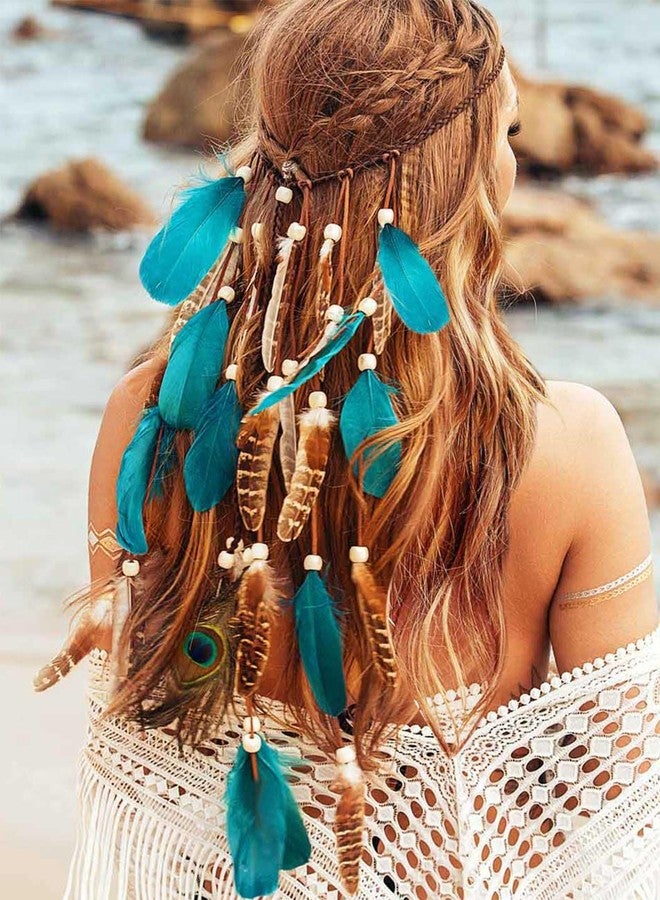 GORTIN Boho Feather Headband Hippie Headpiece White Gypsy Costume Headband Indian Hair Band Festival Headdress Bohemian Feather Hair Accessory for Women and Girls (D-Blue+Brown) - Image 1