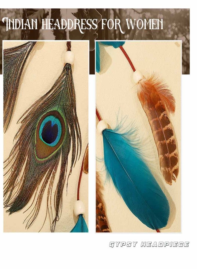 GORTIN Boho Feather Headband Hippie Headpiece White Gypsy Costume Headband Indian Hair Band Festival Headdress Bohemian Feather Hair Accessory for Women and Girls (D-Blue+Brown) - Image 5