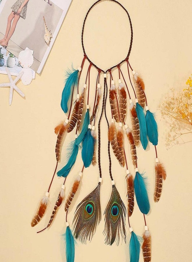 GORTIN Boho Feather Headband Hippie Headpiece White Gypsy Costume Headband Indian Hair Band Festival Headdress Bohemian Feather Hair Accessory for Women and Girls (D-Blue+Brown) - Image 2