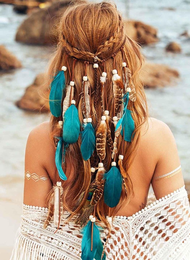 GORTIN Boho Feather Headband Hippie Headpiece White Gypsy Costume Headband Indian Hair Band Festival Headdress Bohemian Feather Hair Accessory for Women and Girls (D-Blue+Brown) - Image 3