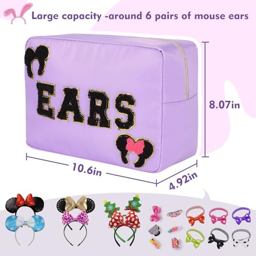 Dealkion Mouse Ears Bag Theme Park Trip Essentials Travel Case Hair Accessories Organizer Bow Mouse Ears Headbands Holder Storage Nylon Large Chenille Letter Makeup Bag Gifts for Women - Image 3