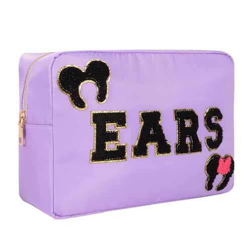 Dealkion Mouse Ears Bag Theme Park Trip Essentials Travel Case Hair Accessories Organizer Bow Mouse Ears Headbands Holder Storage Nylon Large Chenille Letter Makeup Bag Gifts for Women - Image 1