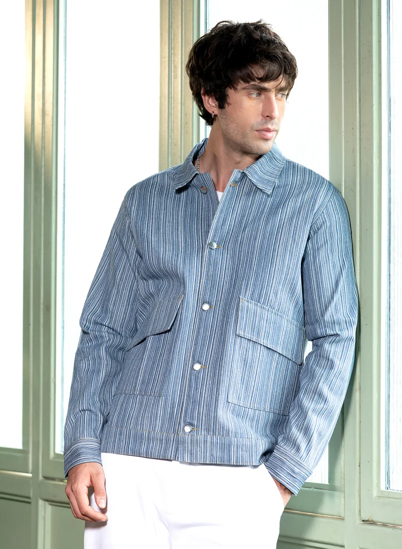 كامبوس سوترا Men Relaxed Jacquard-Denim Jacket | Point Collar, Long Button-Cuff Sleeves | Button , Band-Straight Hem | Stripes Denim-Jacquard Woven Fabric For Casual & Daily Wear | Indigo Blue