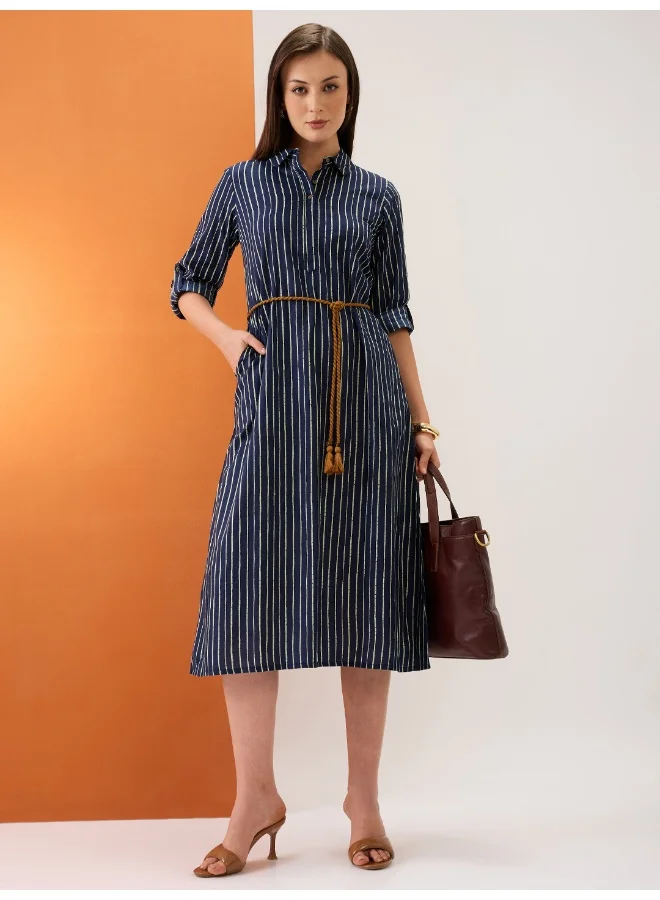 Globus Women Indigo Collared Neck Roll-Up Sleeves Drawstring Waist Tie-Up Stripes Midi A-Line Workwear Dress