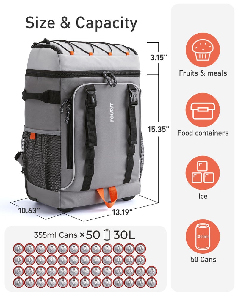 TOURIT 50-Can Rolling Backpack, Double Deck & Dual-Bar Handle Travel Soft Cooler Bag with Wheels, 30L Space Beach Cooler Size 18"(15"+3")Ã—13"Ã—11" - Image 2