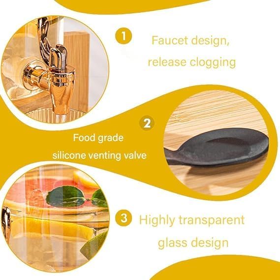 Encheng 2.6 LTR Glass Beverage Dispenser with Wooden Stand & Golden Spigot and Deer Topper Luxury Water Drink Dispenser Jar with Lid for Juice Water, Cocktails & Party Serving (Dispenser 2.6 LT) - Image 4