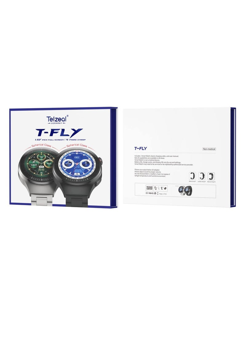 Telzeal - Telzeal T-Fly 1.52 Inch Spherical Display Full Screen Smart Watch With 4 Pair Strap and Wireless Charger Black - Image 1