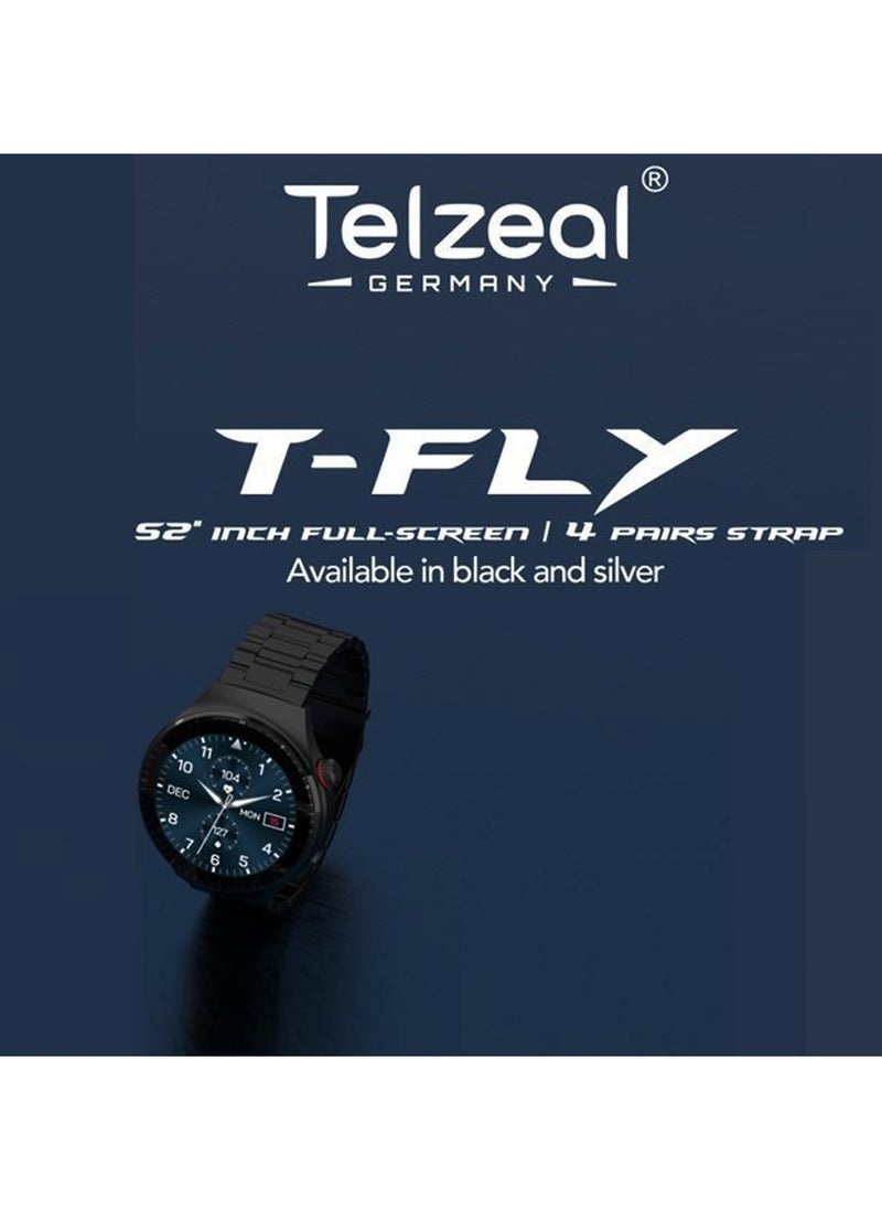Telzeal - Telzeal T-Fly 1.52 Inch Spherical Display Full Screen Smart Watch With 4 Pair Strap and Wireless Charger Black - Image 1