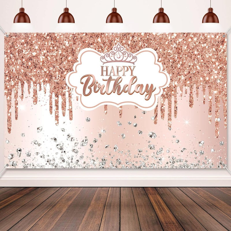 joyzzz Happy Birthday Backdrop 180x110cm Rose Gold Happy Birthday Banner Diamonds Happy Birthday Background for Girls Pink Happy Birthday Decorations for Women Sweet Birthday Party Decorations - Image 1