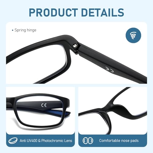LKEYE Sport Reading Glasses Men Photochromic Lens Blue Light Blocking Computer Reader Wide Style Spring Hinge Eyeglasses 2Pack Red Blue LK6082 +1.50 Strength - Image 5